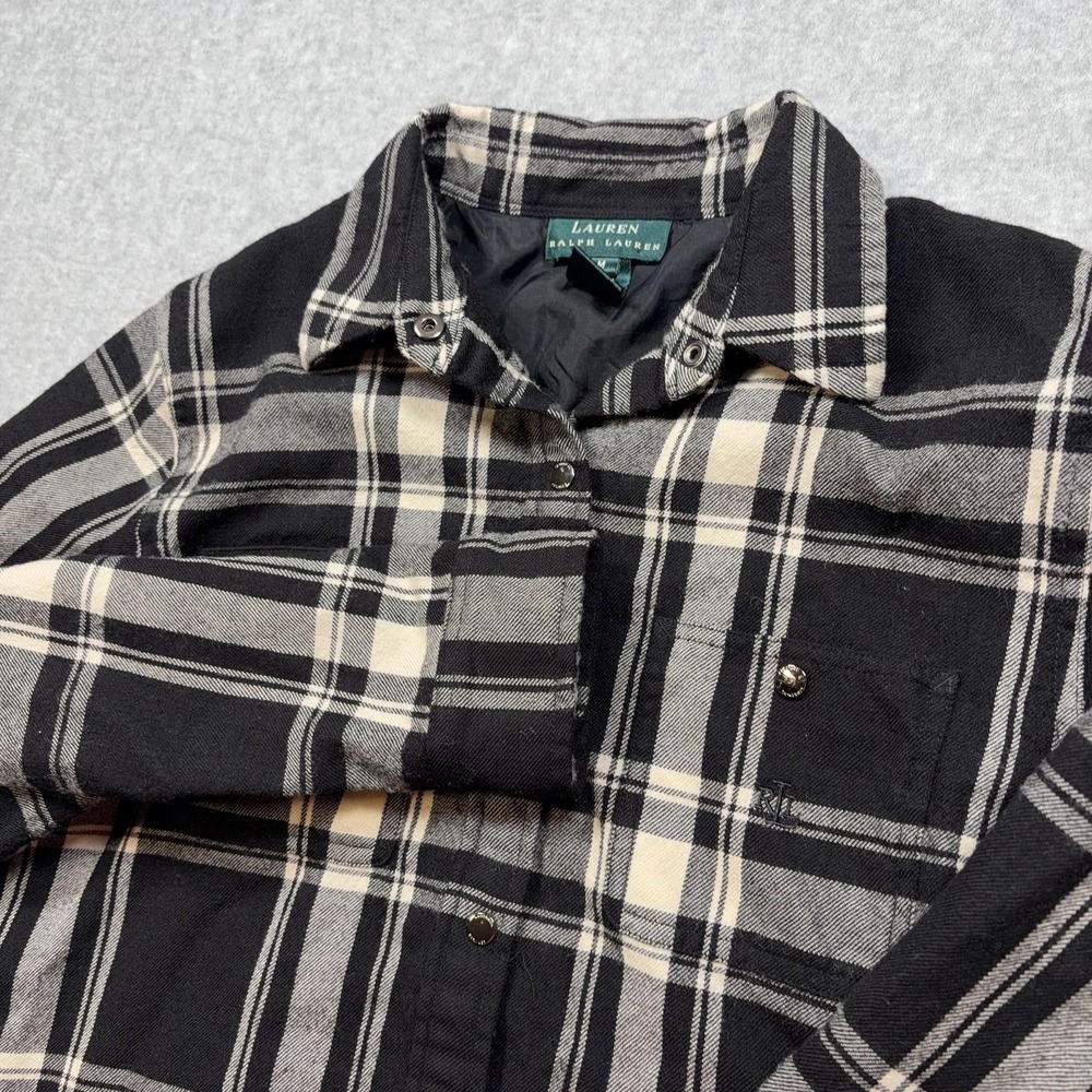 Lauren Ralph Lauren Jacket Womens Medium Black Plaid Wool Flannel Shirt Jacket